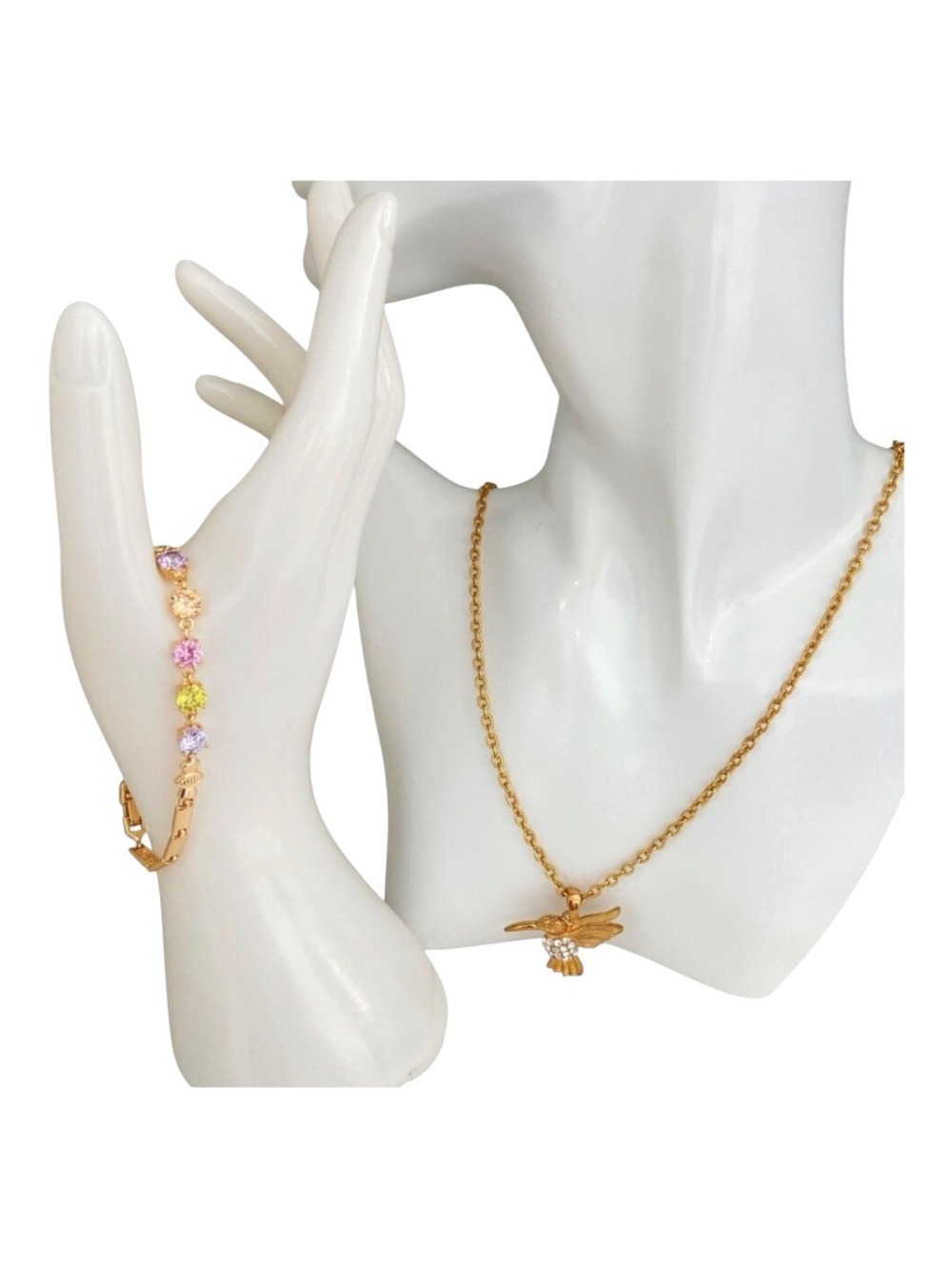 Gold Tone Hummingbird Rhinestone Pendant Necklace Y2K Revival Style crystal past